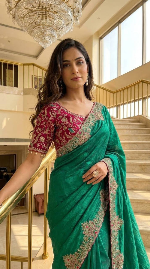 DESIGNER SAREE WITH READYMADE BLOUSE-Green