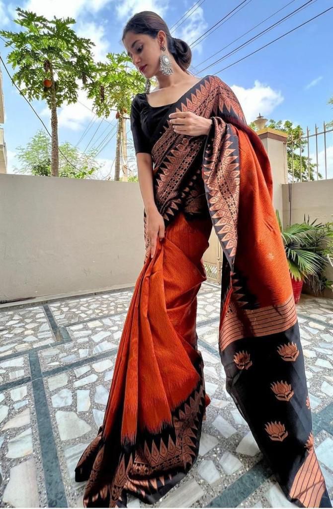 Woman wearing premium brown saree for women with black and gold intricate patterns from Hooriya fashions