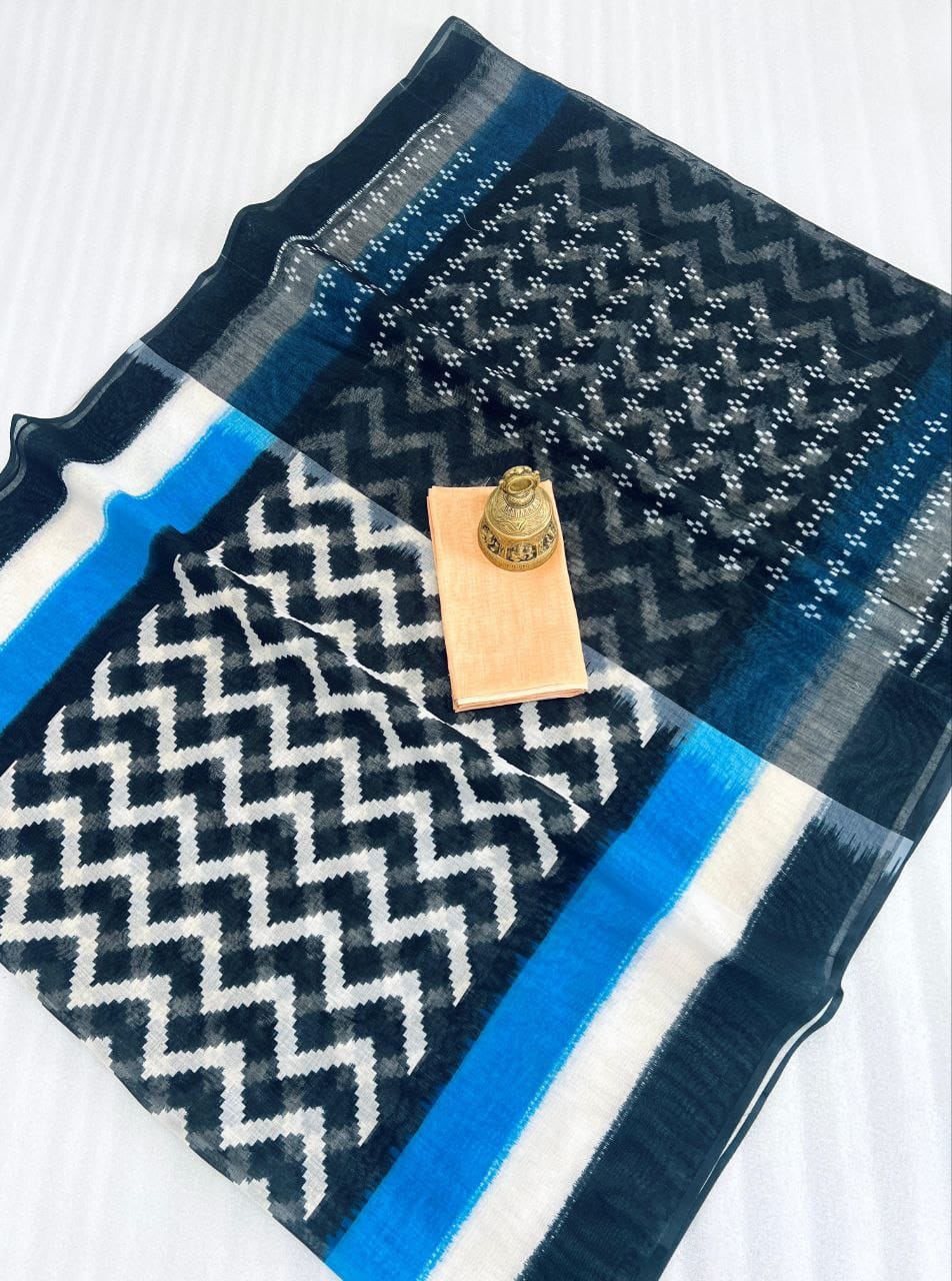 Hooriya Fashions premium linen traditional saree in black blue and white with zigzag pattern