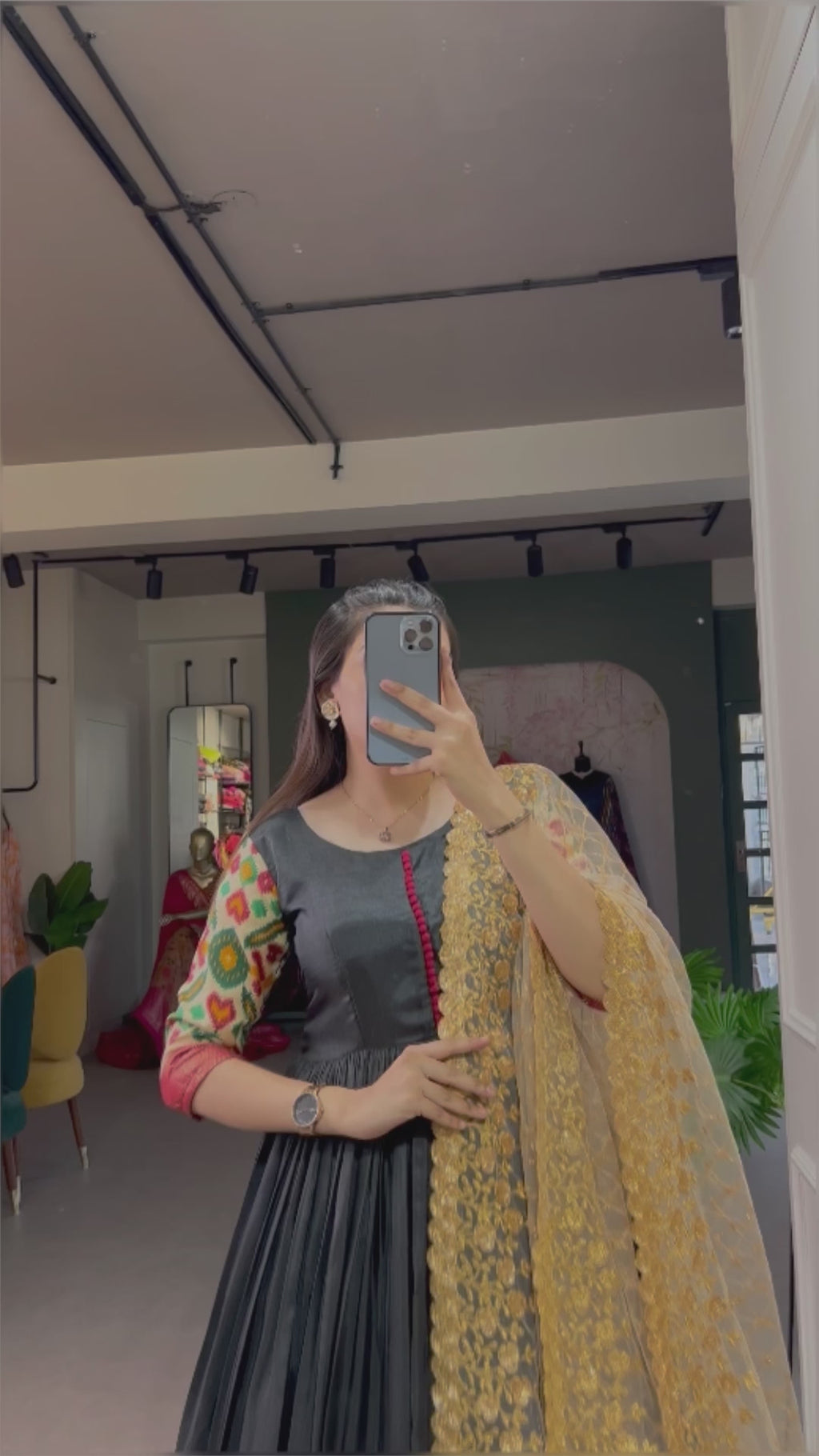 Hooriya fashions - Dola Silk Gown Printed with Foilwork.