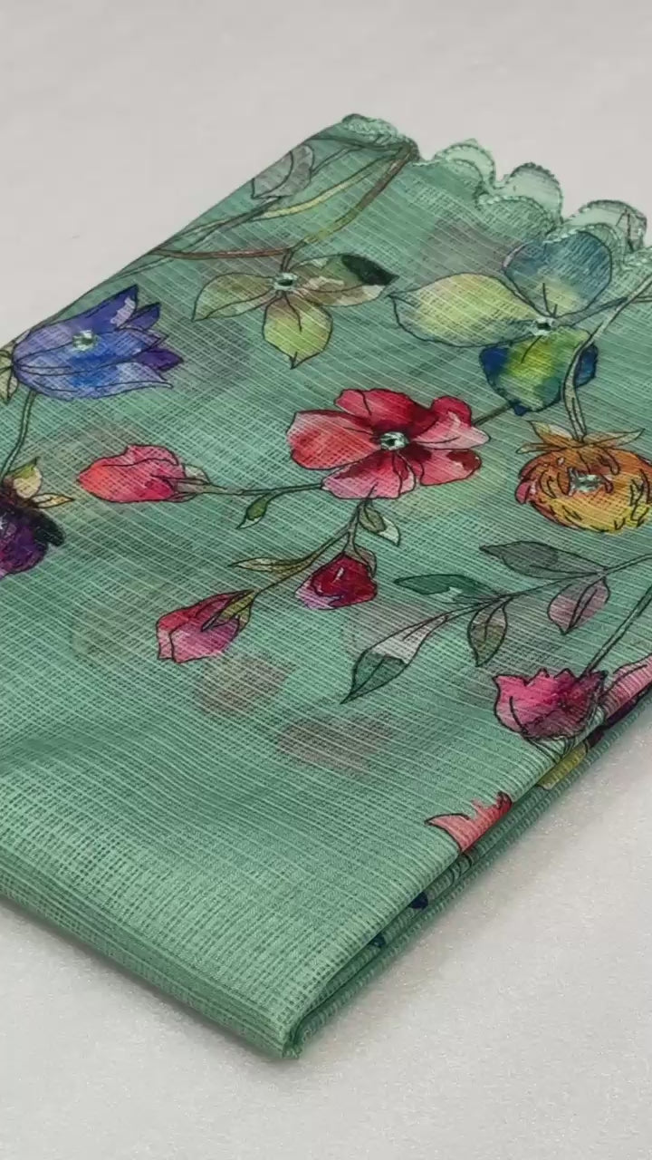 Hooriya fashions - Soft Kota Chex with floral digital printed saree