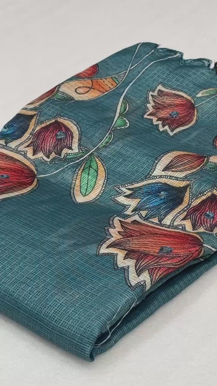 Hooriya fashions - Soft Kota Chex with floral digital printed saree