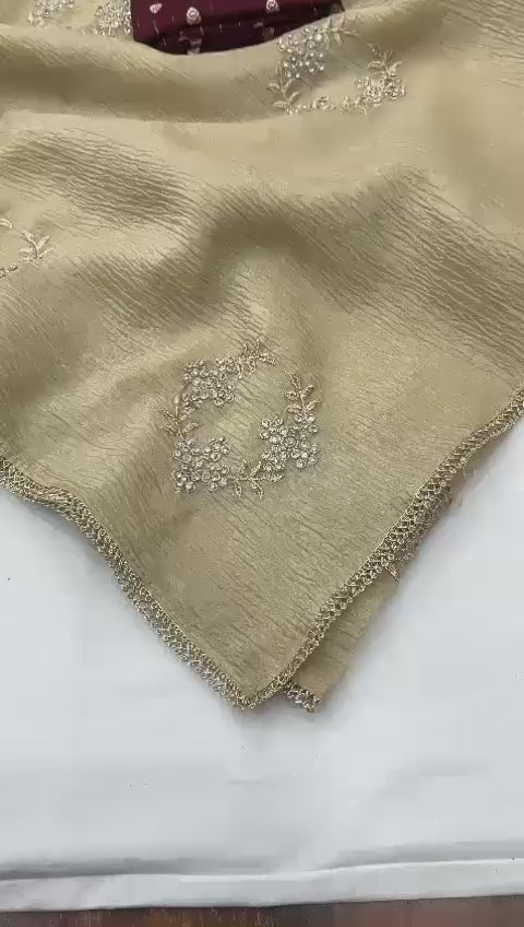 Hooriya fashions - Soft beige bubble crush saree.