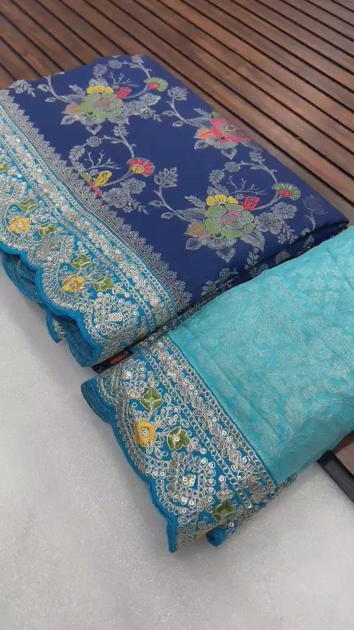 Pure Banarasi Crep Georgette Jaqurad Weveing meenakari Janglo jaal weveing with beautiful Rich pallu saree and heavy Broket Weveing blouse piece
