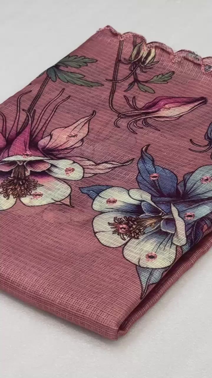 Hooriya fashions - Soft Kota Chex with floral digital printed saree