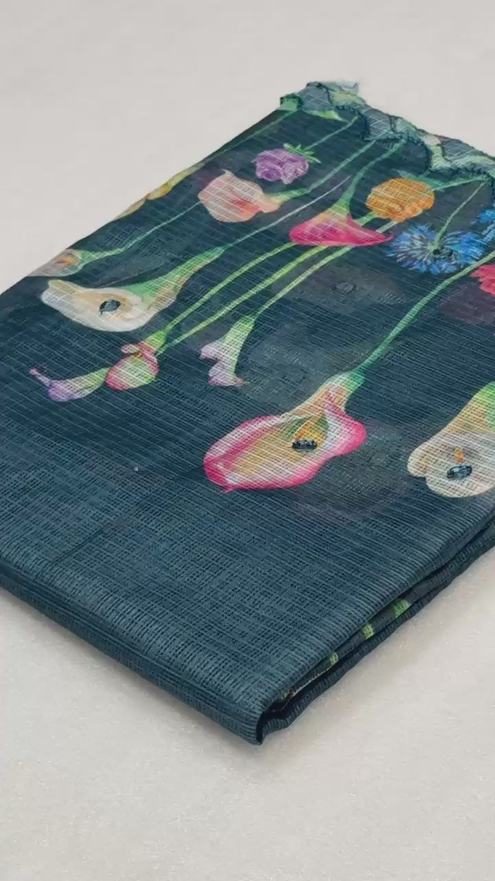 Hooriya fashions - Soft Kota Chex with floral digital printed saree