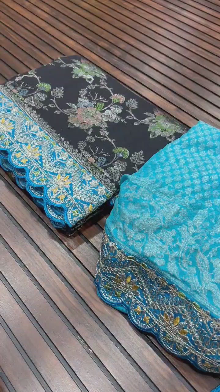 Pure Banarasi Crep Georgette Jaqurad Weveing meenakari Janglo jaal weveing with beautiful Rich pallu saree and heavy Broket Weveing blouse piece