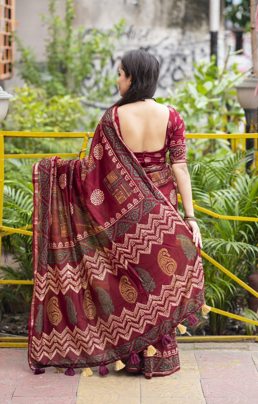 Hooriya Fashions - Premium hand block printed ajrakh saree.
