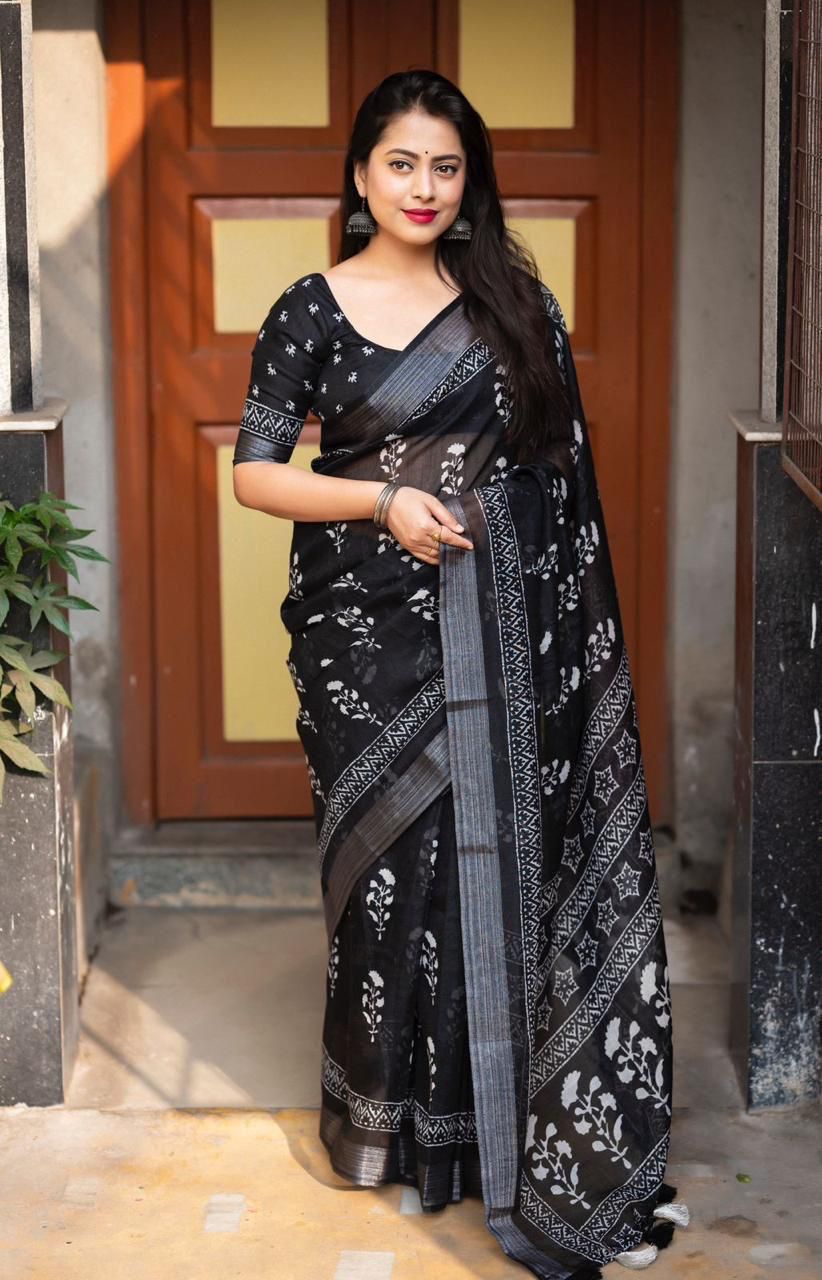 Hooriya Fashions - New linen pattu border printed Saree.