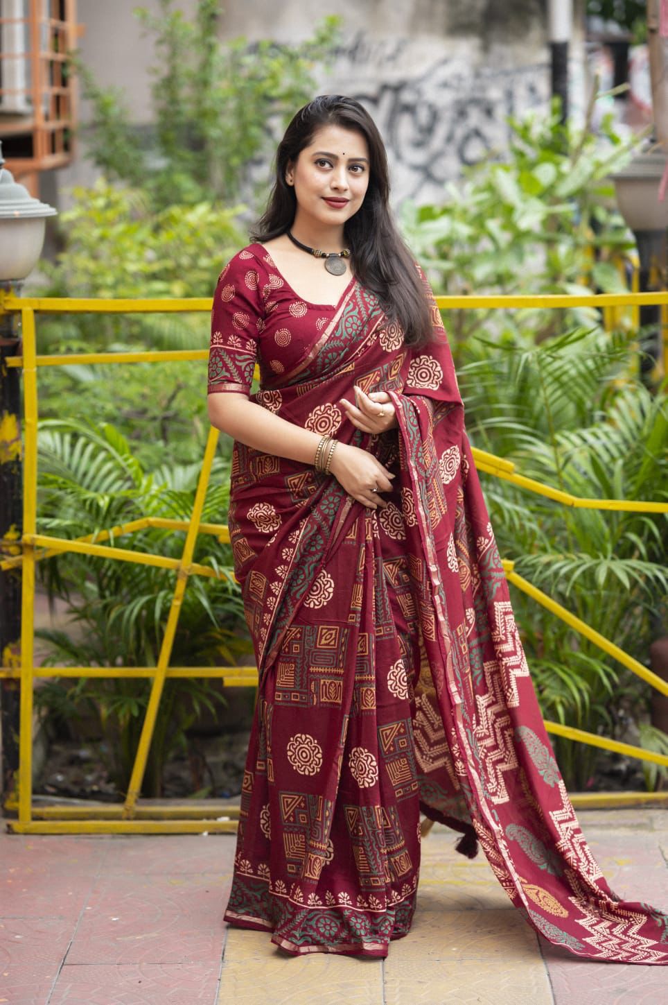 Hooriya Fashions - Premium hand block printed ajrakh saree.
