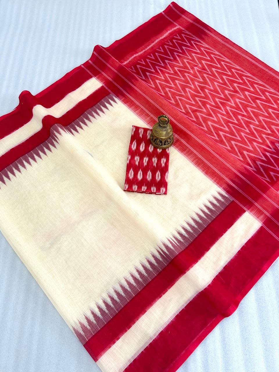 Hooriya Fashions red and cream traditional modern saree with geometric patterns and matching blouse piece